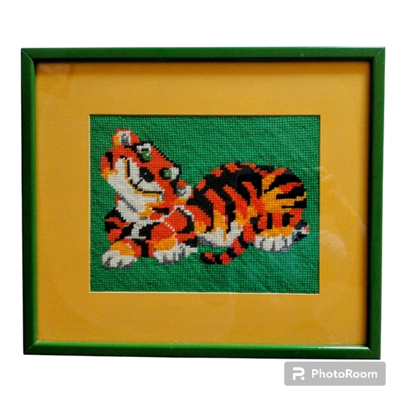 Glass Framed Colorful Tiger Needlepoint Art Printed Matted Green Orange - Picture 16 of 16